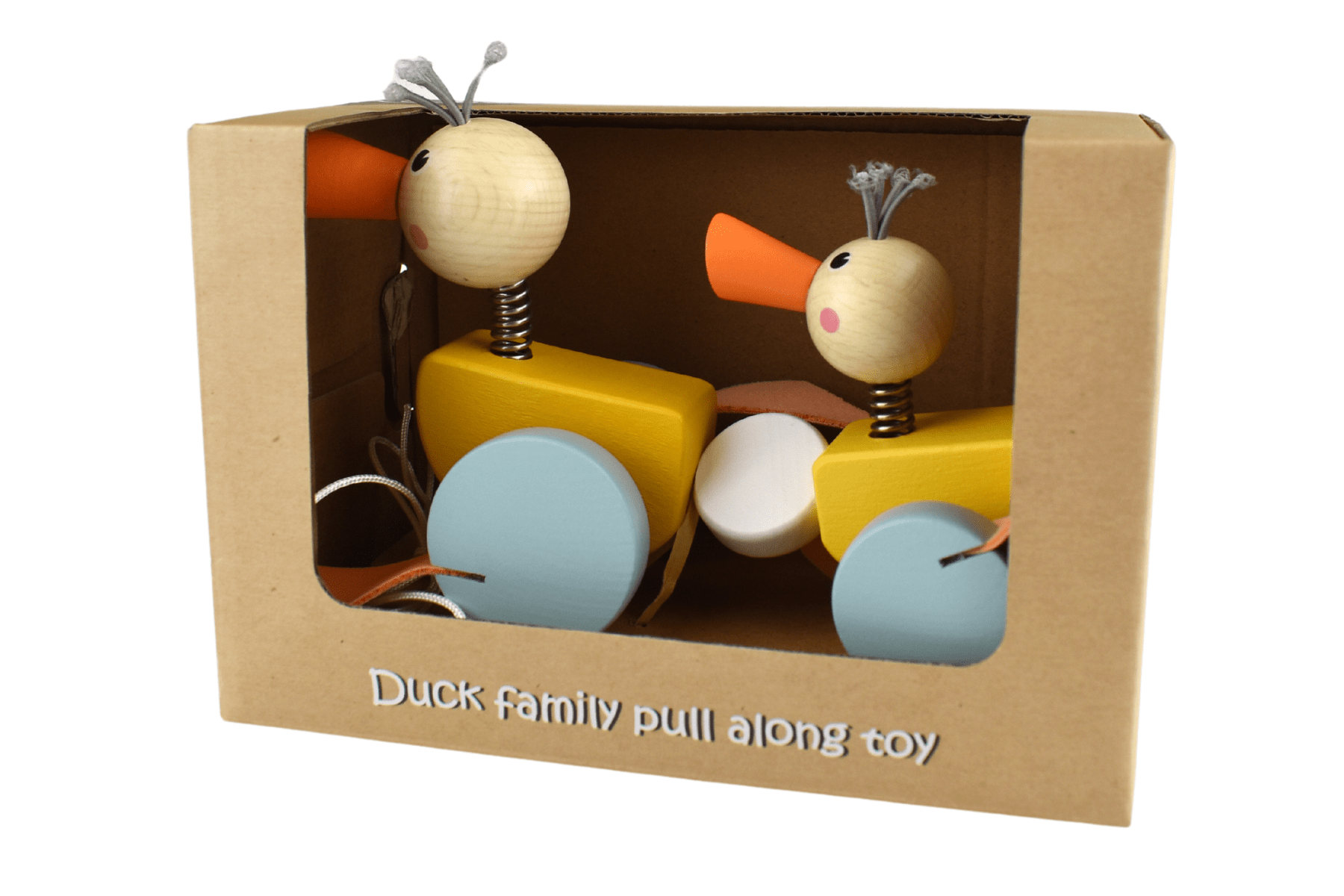 Colorful pull along ducks toy for toddlers, promoting fine motor skills and imaginative play.