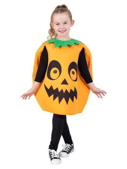 Kids pumpkin tabard costume for easy Halloween dress-up, perfect for home festivities.