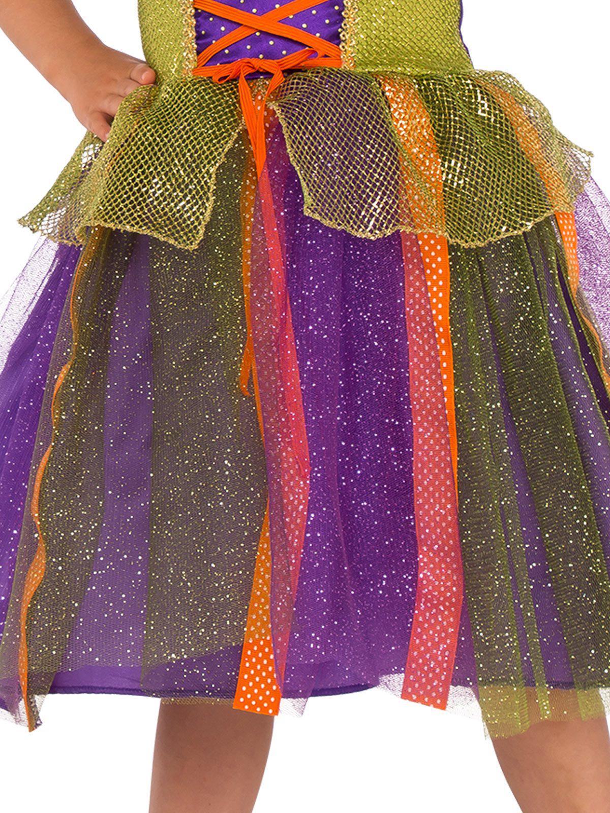 Kids sparkly pumpkin witch costume perfect for Halloween dress-up at home. Shimmery and festive.