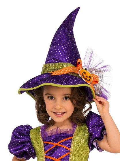 Sparkly pumpkin witch costume for girls, perfect for Halloween dress-up at home.