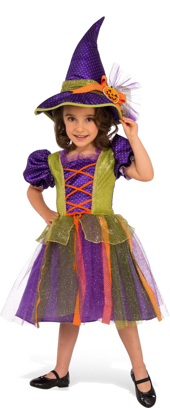 Girls sparkly pumpkin witch costume for Halloween dress-up with glitzy details.