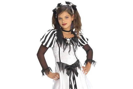 Punky Pirate Girl Costume with Skull Accents for playful dress-up at home.