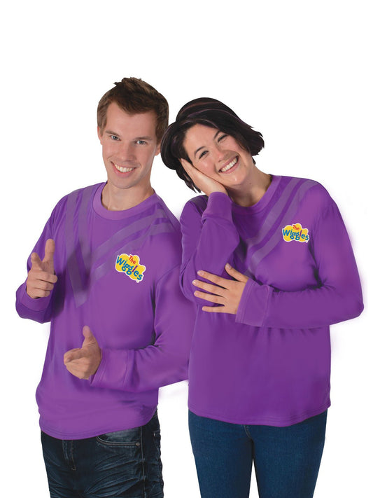 Purple wiggles top adult costume shirt for childrens dress-up, vibrant colors, official design.