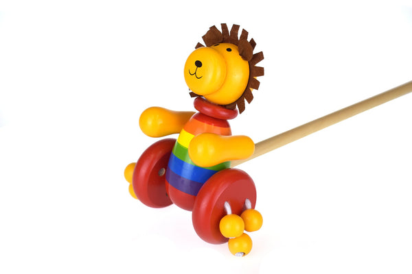 Wooden lion pull-along toy with bead wheel