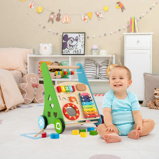 Versatile 7-in-1 baby walker doubles as educational push and pull toy for learning and play.