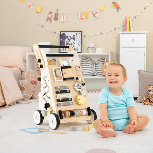 Wooden 9-in-1 baby walker with push and pull toy feature for interactive learning at home.