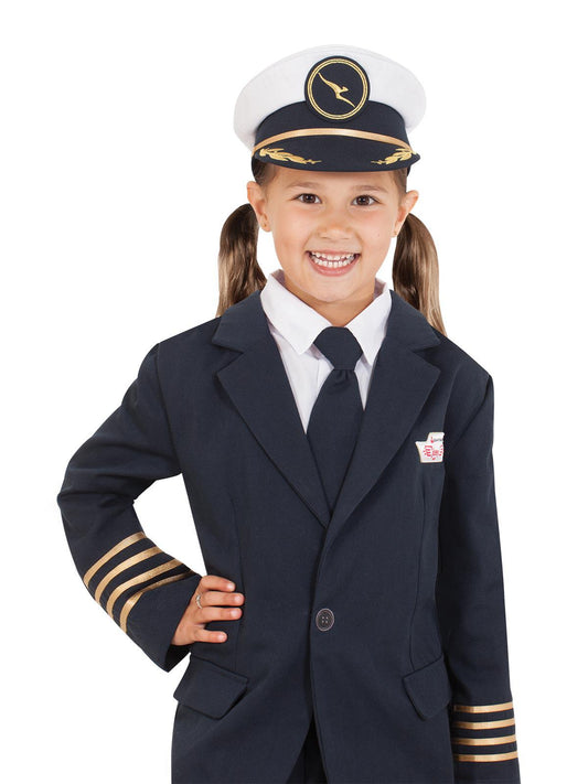 Kids Qantas pilot captain hat with authentic emblem for imaginative play at home.