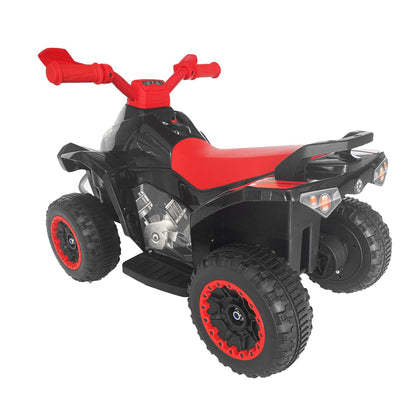 Black 4-wheeled electronic ATV for kids, speeds up to 3km/h, perfect for backyard fun.