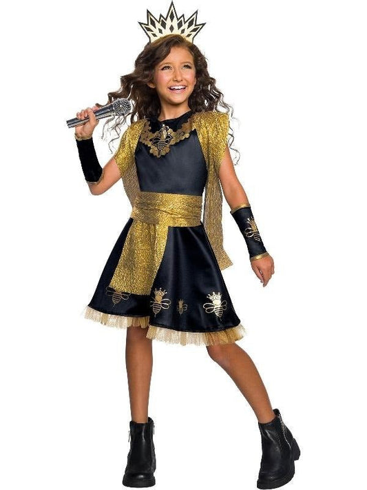 Kids gold and black queen bee costume for dress-up play at home.