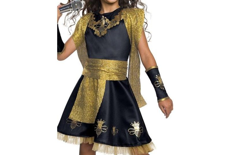 Kids Queen Bee costume in elegant gold and black for playtime and dress-up fun.