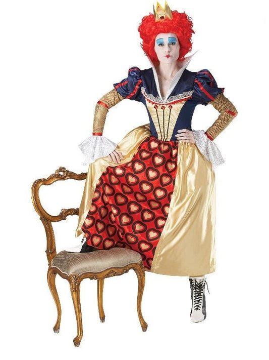 Adult Queen of Hearts Disney costume with wig, perfect for Halloween or themed parties.