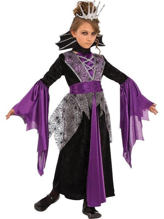 Gothic Queen Vampire Costume and Tiara Set for Girls, perfect for Halloween dress-up fun.