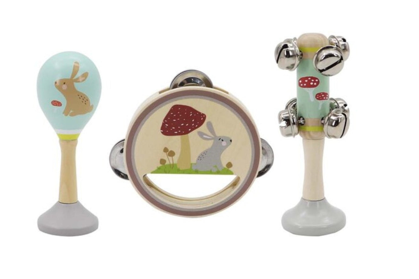 Rabbit wooden 3-piece musical set for childrens playtime, including xylophone, drum, and maracas.