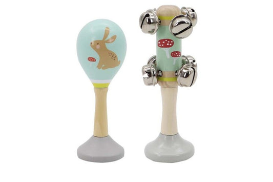 Kids Rabbit Maraca and Bell Stick Set | Colorful wooden percussion toys for musical play at home.