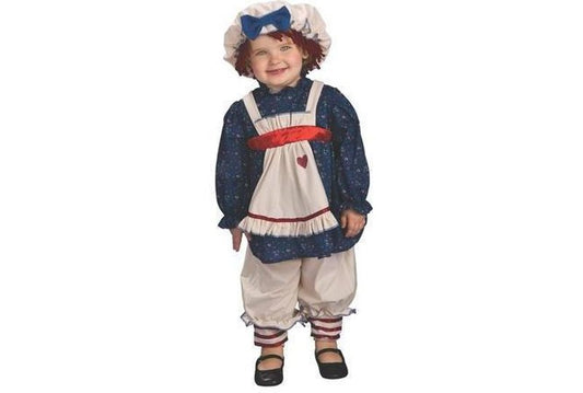 Ragamuffin Dolly costume set featuring dress, bonnet and pantaloons for imaginative play at home.