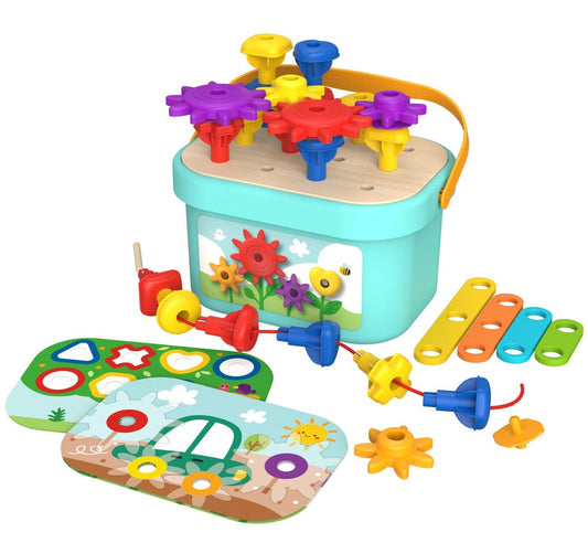 Colorful stacking and lacing set for kids, promoting fine motor skills and creativity at home.