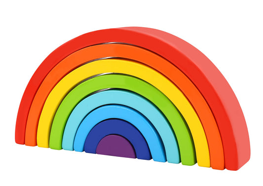 Colorful rainbow stacker toy for childrens play, promoting motor skills and color recognition.