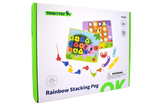 Colorful Rainbow Stacking Pegs for toddlers fine motor skills and pattern recognition at home.