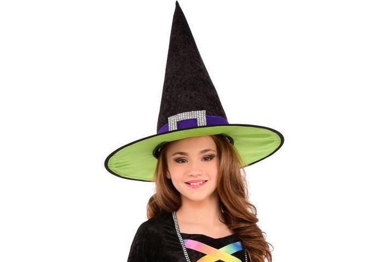 Kids rainbow witch costume with dress and hat for Halloween | colorful and fun dress-up outfit.