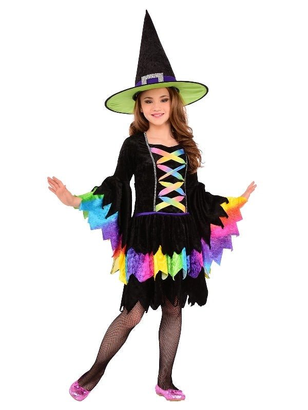 Kids colorful rainbow witch costume with dress and hat for Halloween home fun.