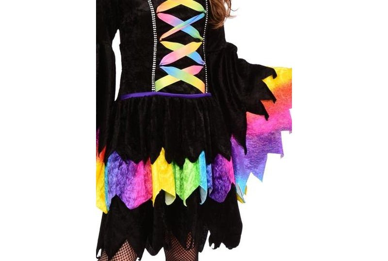 Kids Halloween witch costume with rainbow colors, dress, and hat for vibrant dress-up fun.