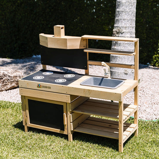 Ramsey Outdoor Wooden Play Kitchen with Retractable Table, ideal for imaginative play.