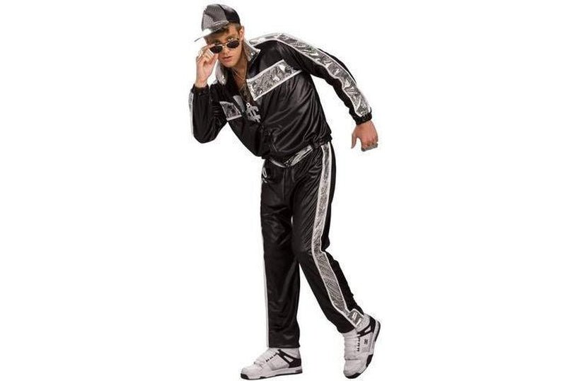 Kids hip hop costume set with metallic jacket, pants and cap for dress-up fun.