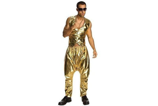 Gold metallic rapper pants for adults, a fun costume accessory for kids dress-up play.