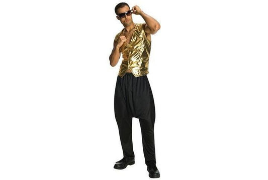 Gold rapper costume vest for kids, perfect for dress-up and playtime fun at home.