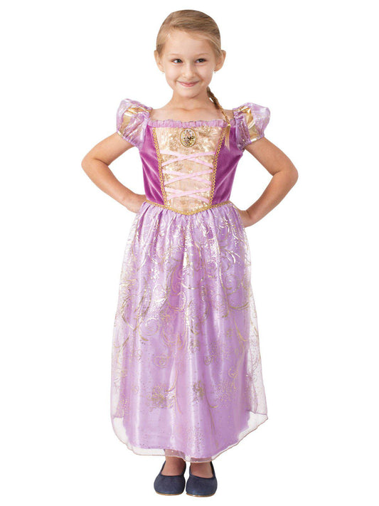 Disney Princess Rapunzel costume in striking gold dress for imaginative play at home.