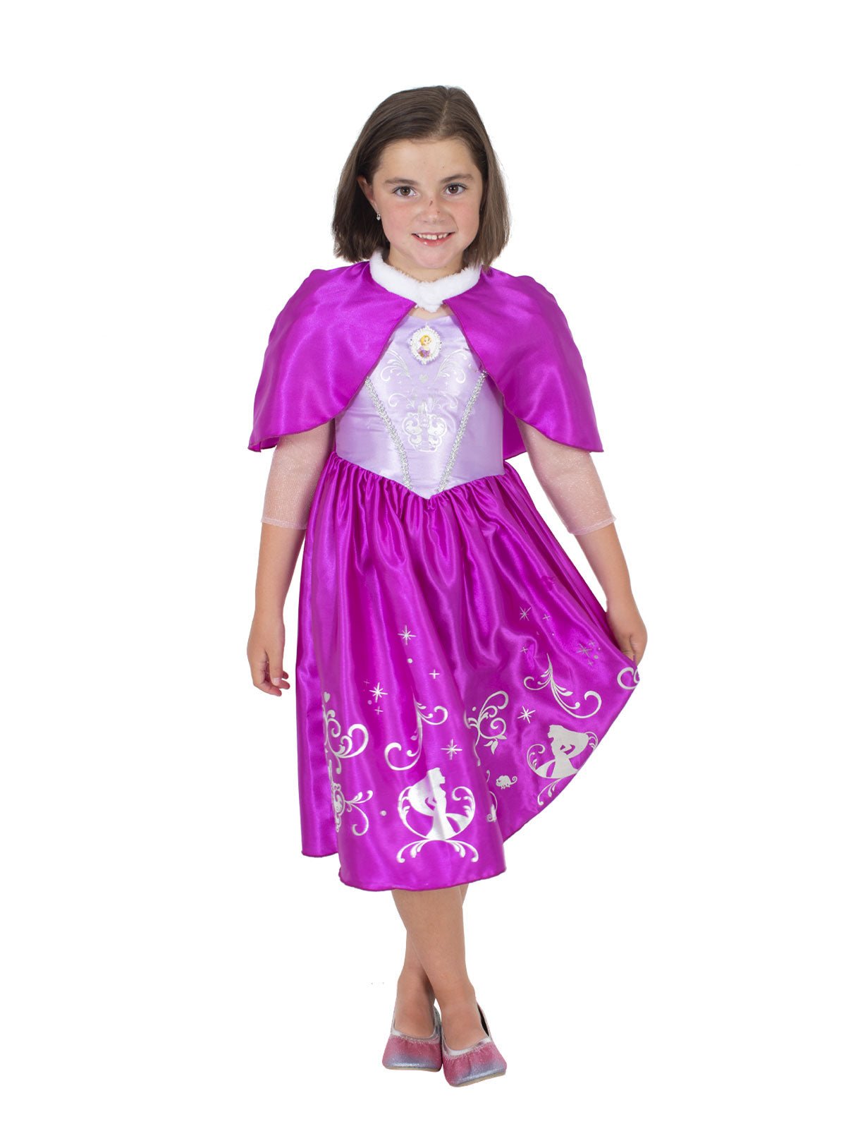 Front View Kids Rapunzel Deluxe Winter Cloak Costume with Dress