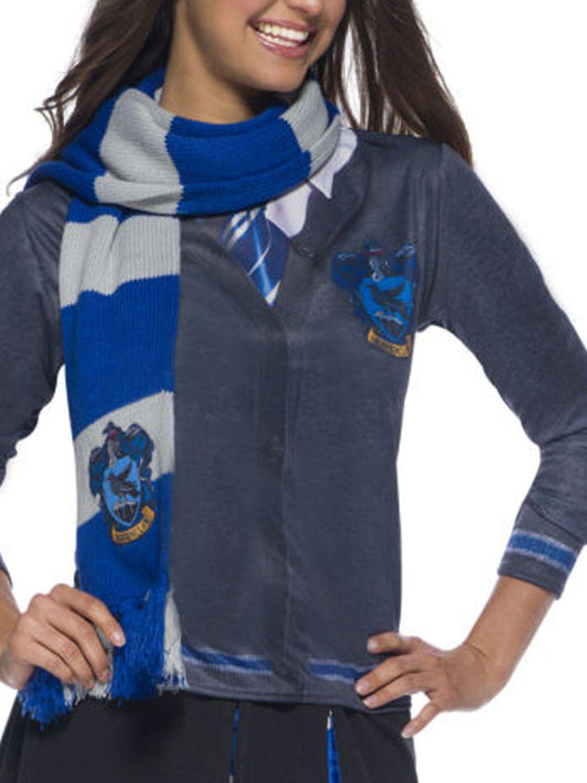 Blue and silver Ravenclaw scarf for kids, perfect for Harry Potter costume play at home.