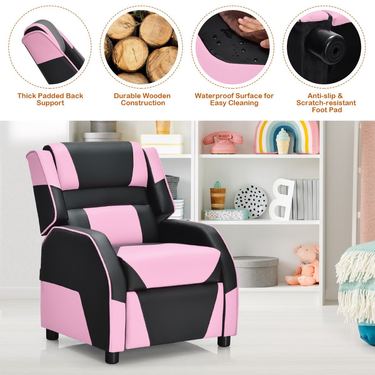 Get Pink Kids Recliner Chair - Adjustable Backrest & Footrest
