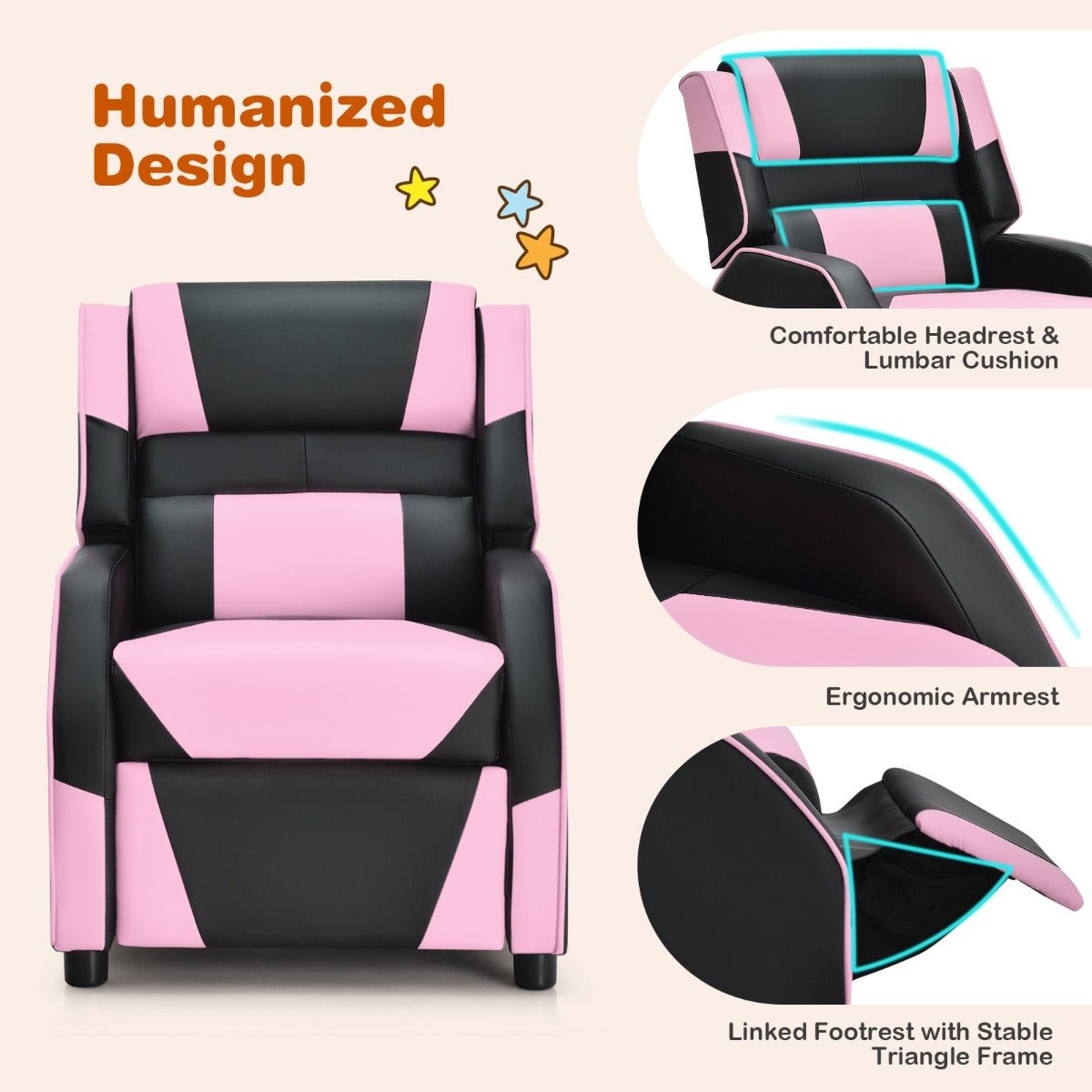 Kids Recliner Chair: Pink with Adjustable Backrest & Footrest
