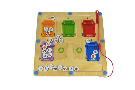 Recycling-themed magnetic maze game for interactive and educational kids play at home.