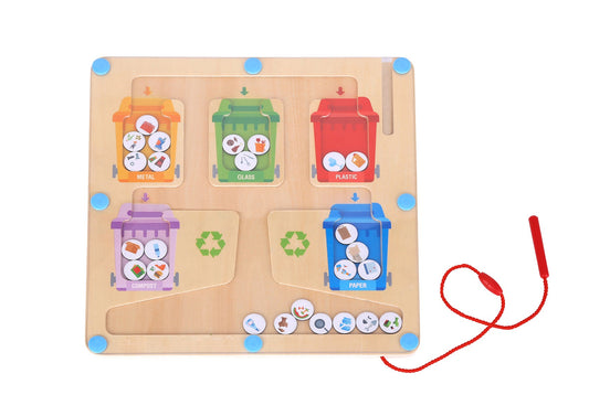 Colorful magnet maze game for kids to learn recycling concepts at home.