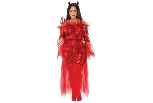 Adult plus size red devil costume ideal for Halloween dress-up, perfect for childrens home parties.