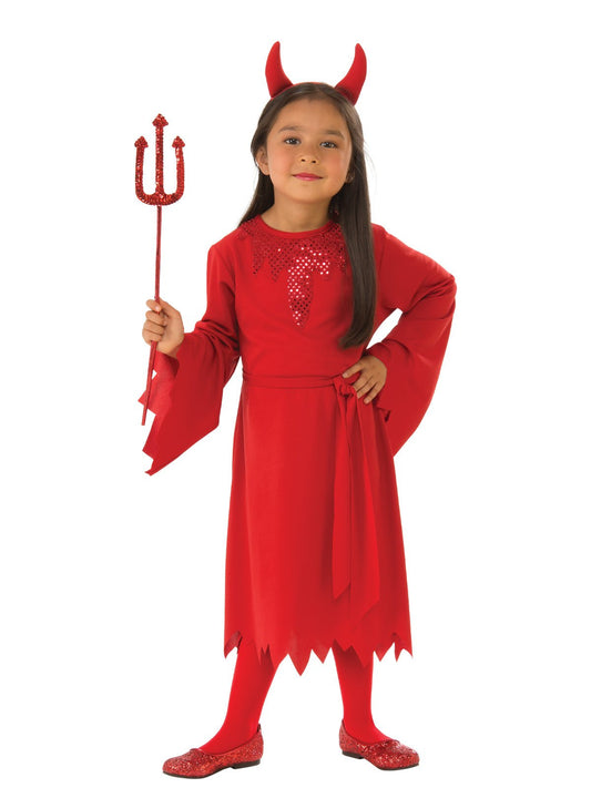 Devil girl costume with sequins and horn headpiece for kids Halloween party.