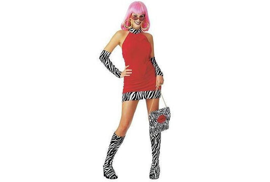 Red zebra print costume set with gloves and boot covers for kids dress-up fun.