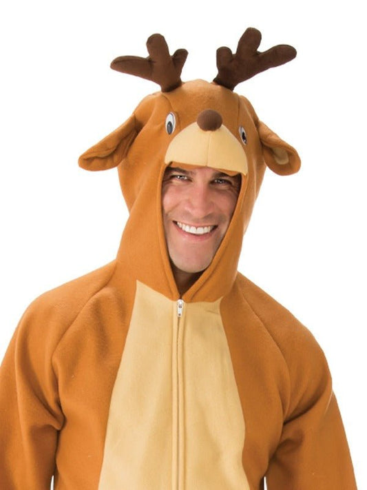 Soft and cozy adult reindeer onesie costume, perfect for festive holiday sleepwear and cosplay.