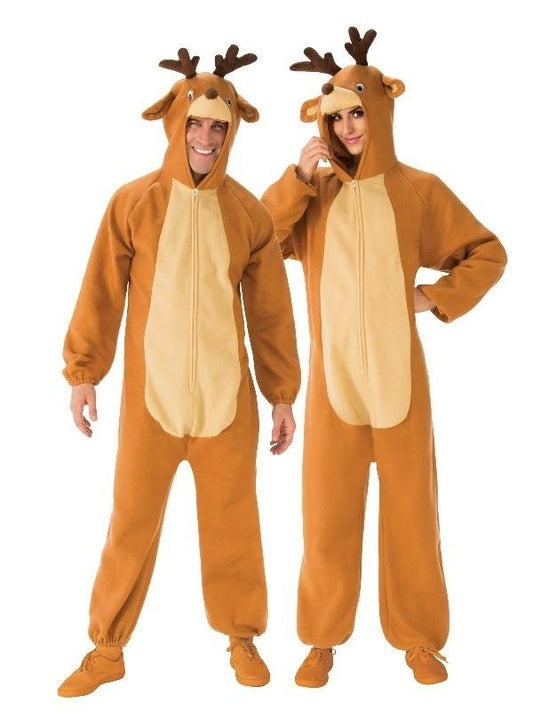 Plush reindeer onesie costume for adults, perfect for festive dress-up and cozy home fun.