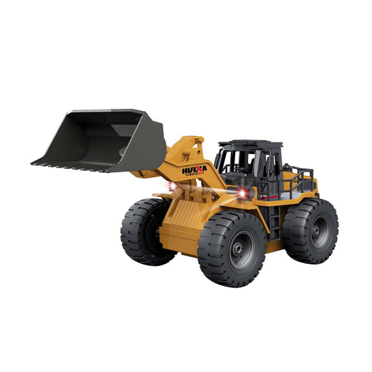 Yellow remote control bulldozer truck with driving cab and scoop for kids indoor fun.