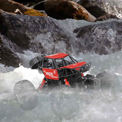 Red remote control amphibious car for all terrains, kid-friendly waterproof design.