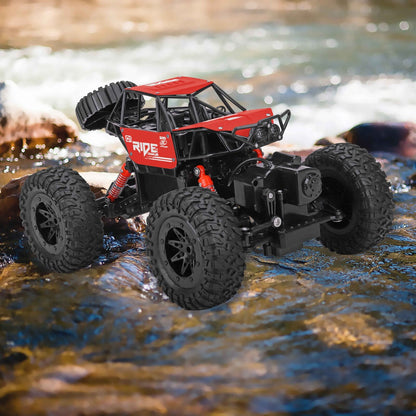 Red waterproof remote control car for all terrains, ideal for kids indoor/outdoor play.