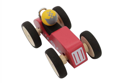 Red retro racing car toy for kids, vintage design perfect for home play.