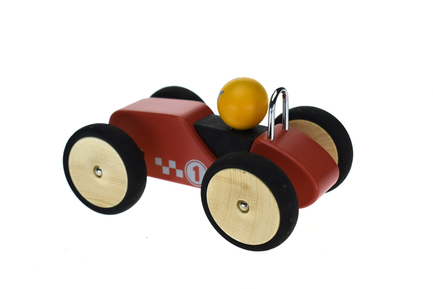 Red retro race car with large wheels, ideal for childrens home play and decor.