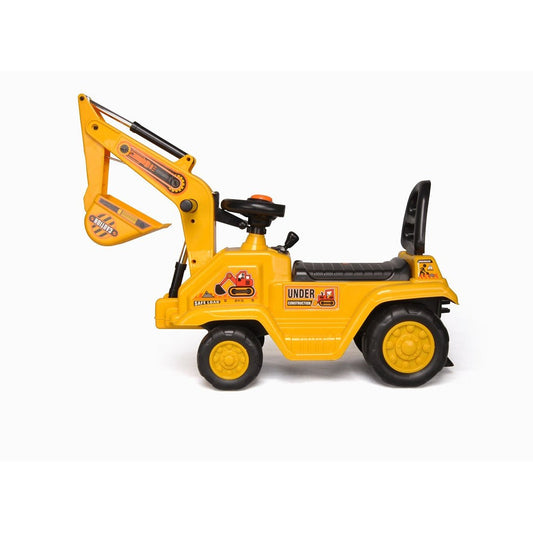 Yellow childrens excavator with dual levers for scooping, ideal for interactive play at home.