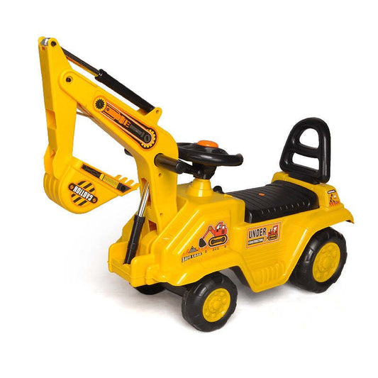 Yellow childrens excavator with dual operation levers for interactive indoor/outdoor play.