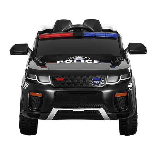 Black 12V electric police car ride-on for kids, perfect for backyard playtime adventures.