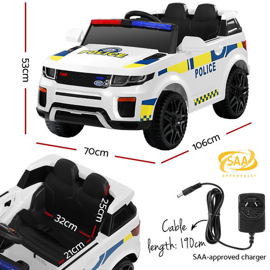 White 12V electric patrol police ride-on car for kids, ideal for imaginative play at home.